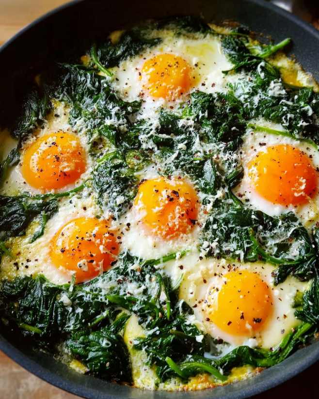 Spinatpfanne mit Spiegeleiern