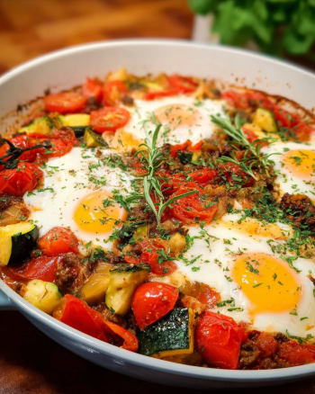 Herzhafte Gemüse Hackpfanne Ei